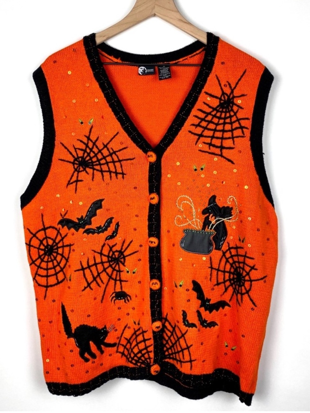 Holiday Editions Halloween Sweater Vest 1X Black Cat Witch Bats Spiderweb